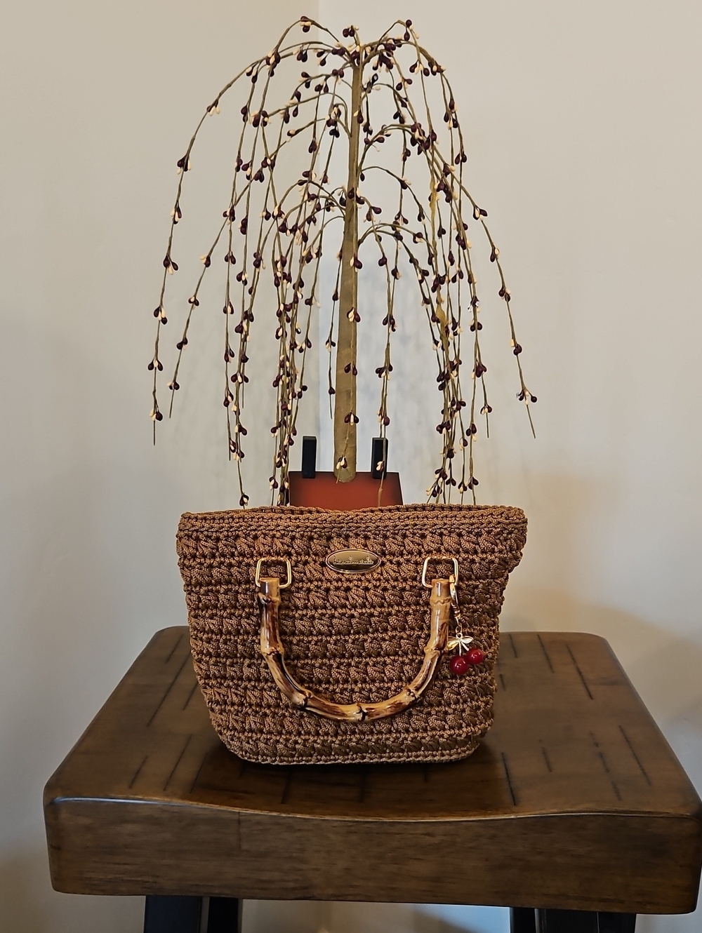 Hand Crocheted Handbag with Bamboo Handles - Brown